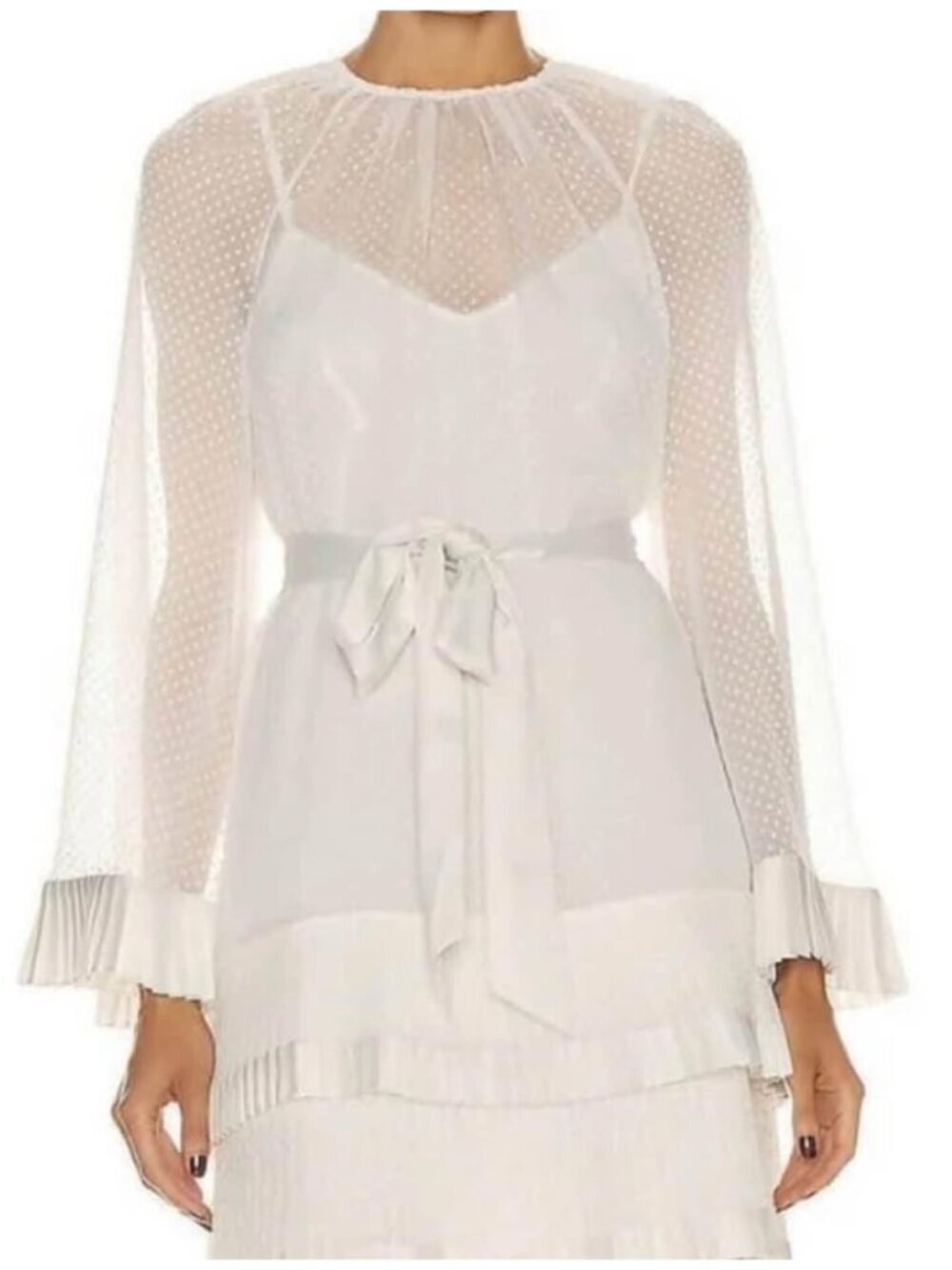 Zimmermann Textured Flared Midi Dress Pleated Tiered Polka Dot Print in Pearl